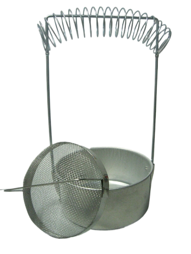 Artist Aluminum brush washer with screen, consisting of a round aluminum frame with a series of fine wires and an additional smaller wire mesh holder for cleaning brushes.