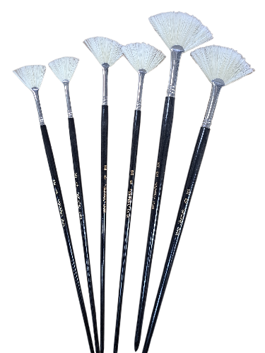 6-Fan Paint brushes white bristle long handle sizes #4-6-12