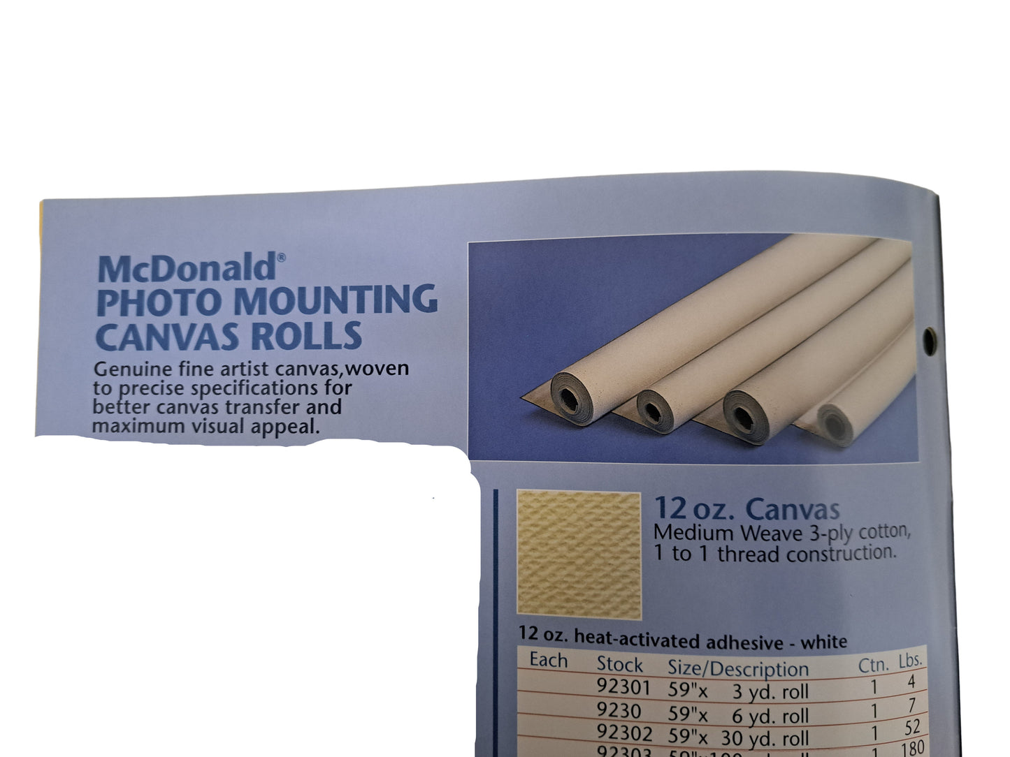 Rouleau de toile de transfert photo Fredrix MPP McDonald, 12 oz --30 vgs X 59'' . Disponible uniquement en magasin.