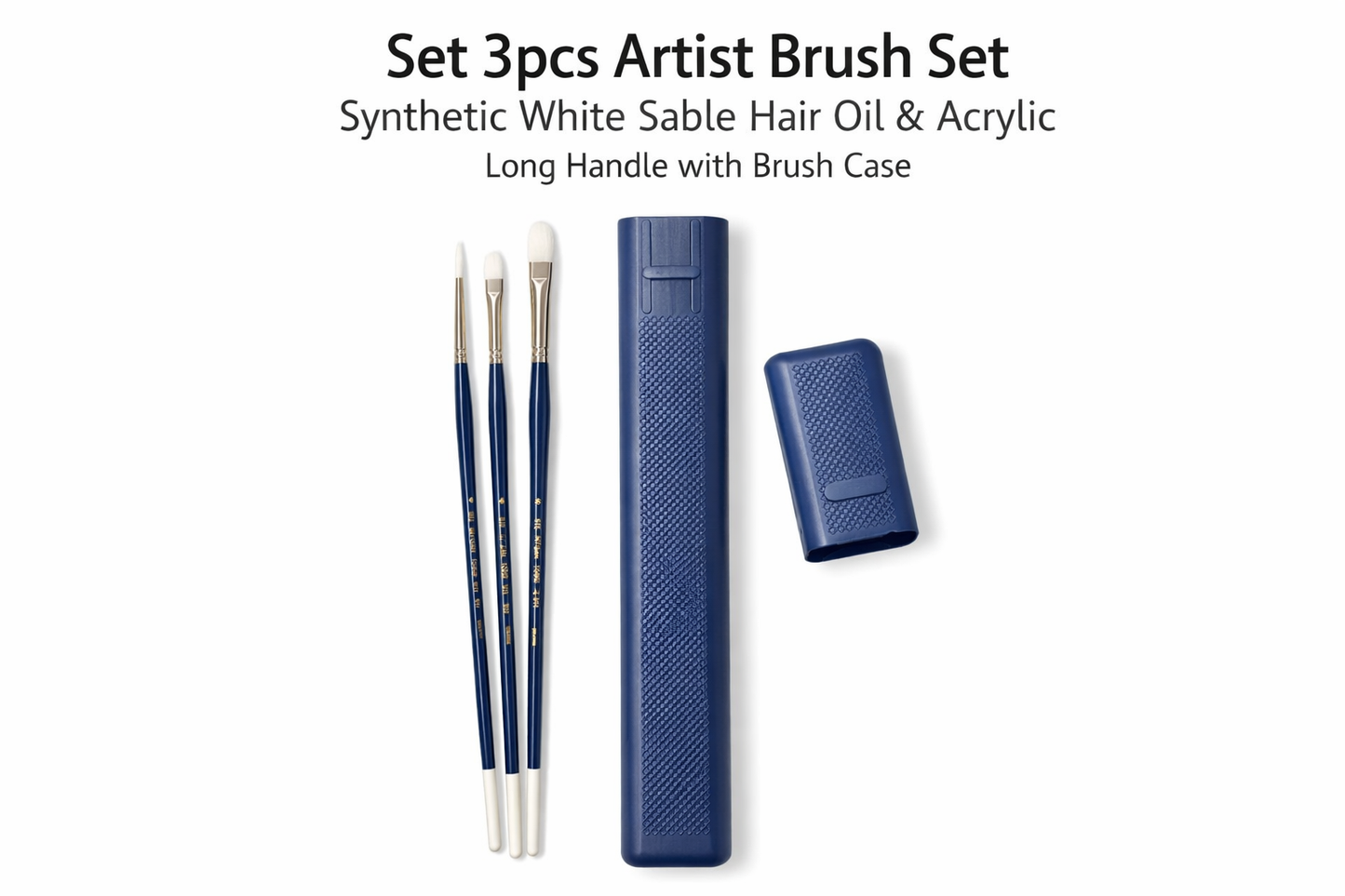 Set 3pcs Artist Brush Set Synthetic White Sable Hair Oil & Acrylic Long handle with brush case