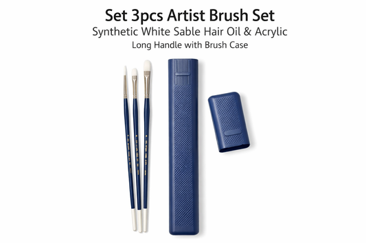 Set 3pcs Artist Brush Set Synthetic White Sable Hair Oil & Acrylic Long handle with brush case