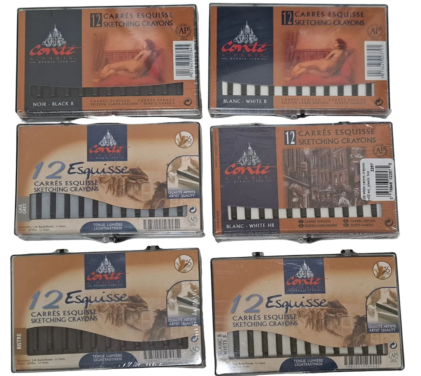 Set of Conte crayon boxes on a white background